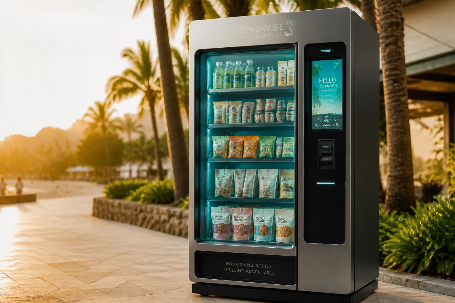 Island Refresh smart vending machine on a palm-lined promenade